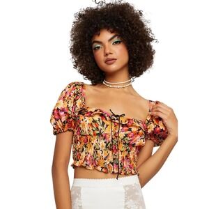 FOR LOVE & LEMONS Sylvie Crop Top‎ Orange Floral Puff Sleeve Boho Medium $150